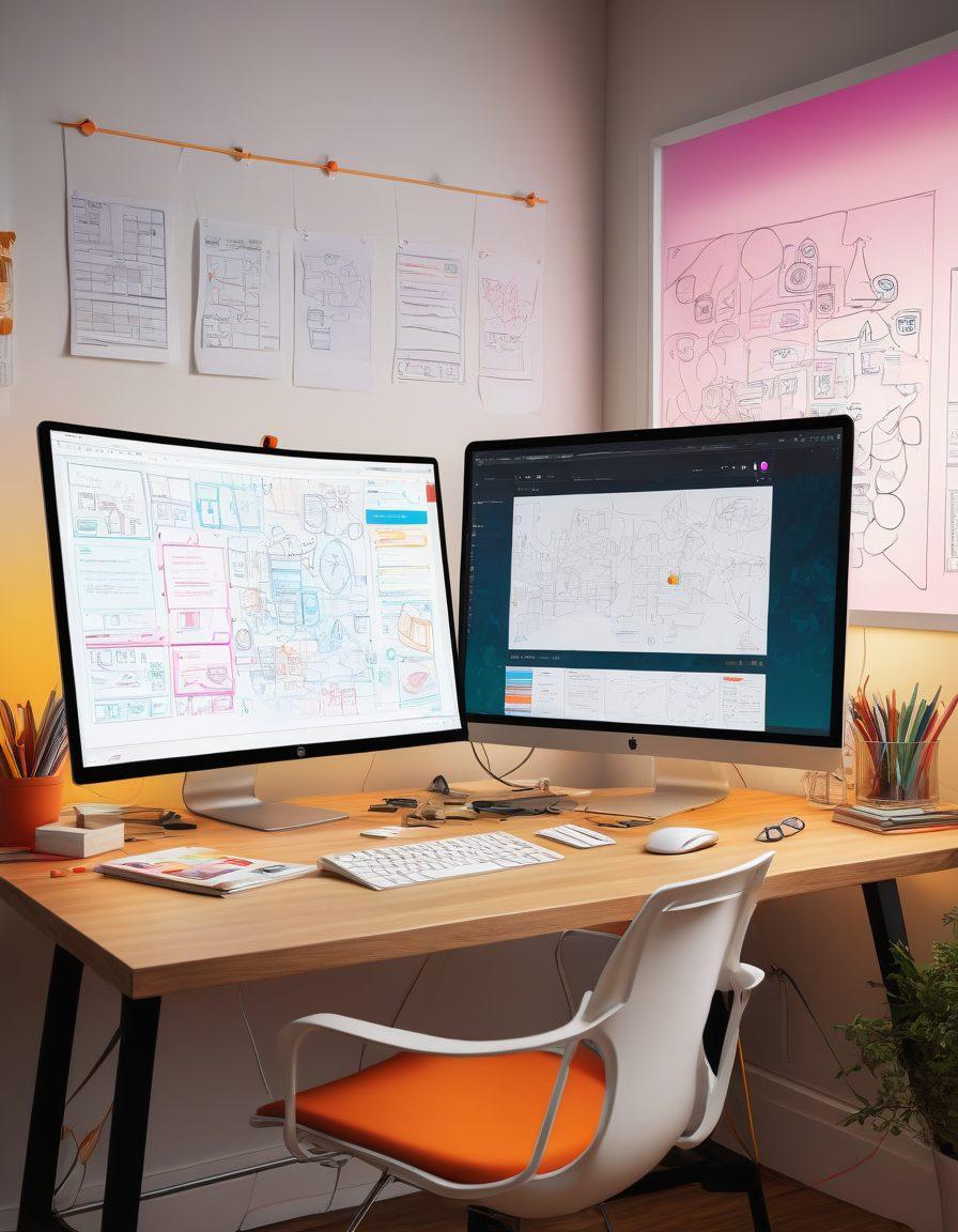 A modern creative workspace with a designer's desk covered with colorful wireframes, UI/UX sketches, and a computer displaying a sleek website in progress. The background features a large board with mood boards and design concepts pinned on it. One hand holding a mouse ready to click, symbolizing the transition from concept to action. super-realistic. vibrant colors.